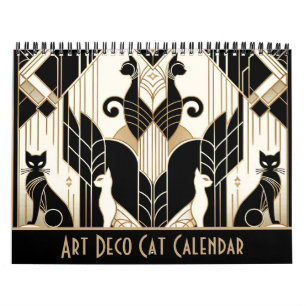 Calendário Black White e Dourado Art Deco Cat