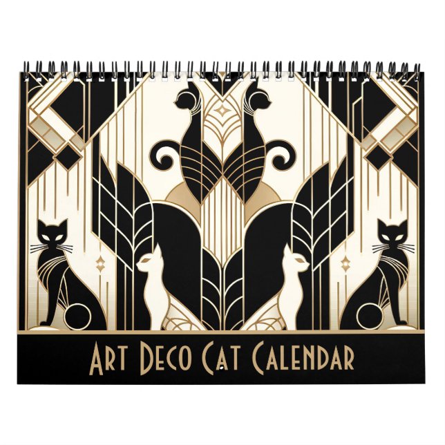 Calendário Black White e Dourado Art Deco Cat (Capa)