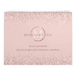 Calendário Blush Glitter Boss Lady CEO Monograma Ortografia