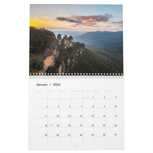 Calendário bonito Sydney da foto e montanhas azuis (Jan 2026)