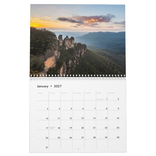 Calendário bonito Sydney da foto e montanhas azuis (Jan 2027)