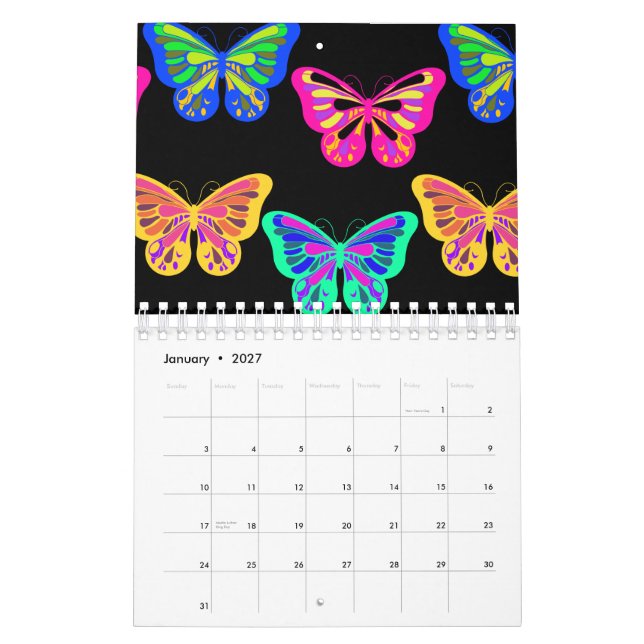 Calendário Borboletas Lepidópteros Vaporwave Cores Vibrantes (Jan 2027)