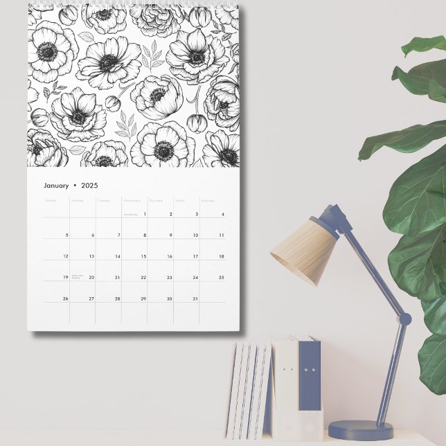 Calendário Botânica Floral Elegante Ilustrada (Elegant Floral Botanical Illustrated Calendar)
