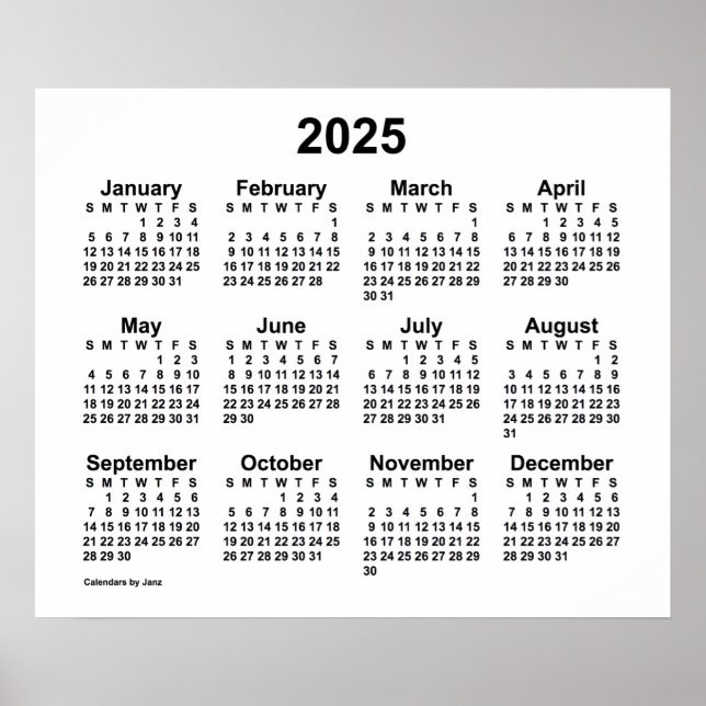 Calendário Branco 2025 da Janz Poster (Frente)
