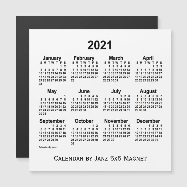 Calendário branco de 2021 por meio do íman 5x5 de  (Frente/Verso)