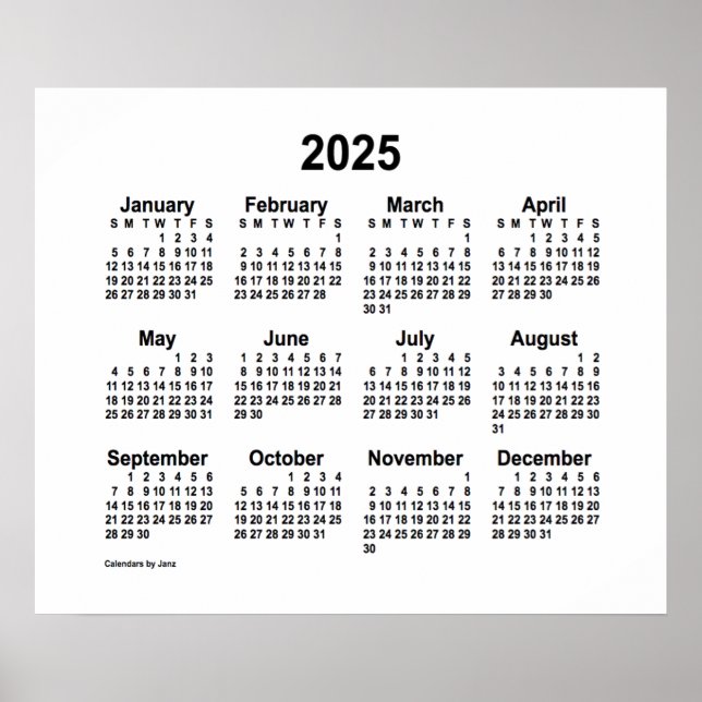 Calendário Branco de 2025 por Janz Impressão (Frente)