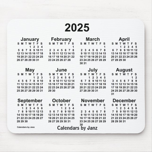 Calendário branco de 2025 por Janz Mouse Pad (Frente)