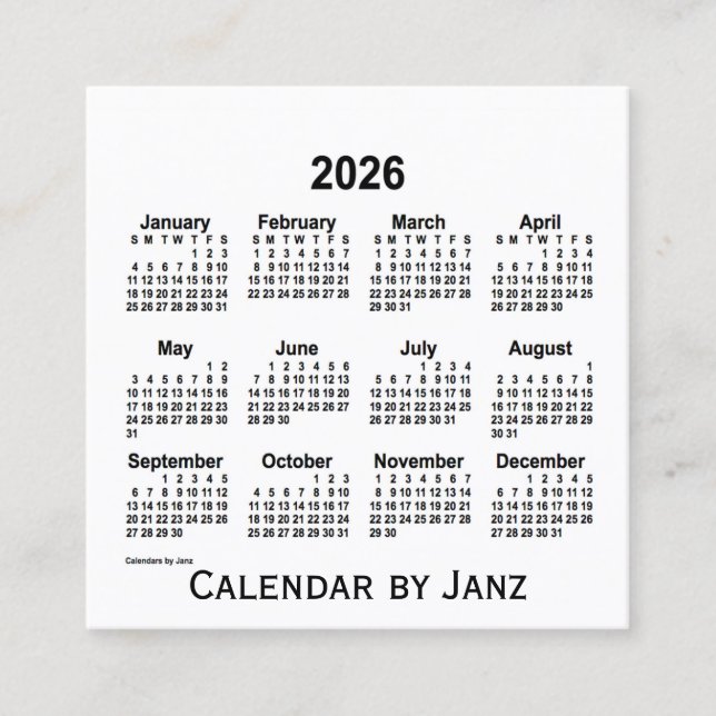 Calendário Branco de 2026 por Cartão de visita da  (Frente)