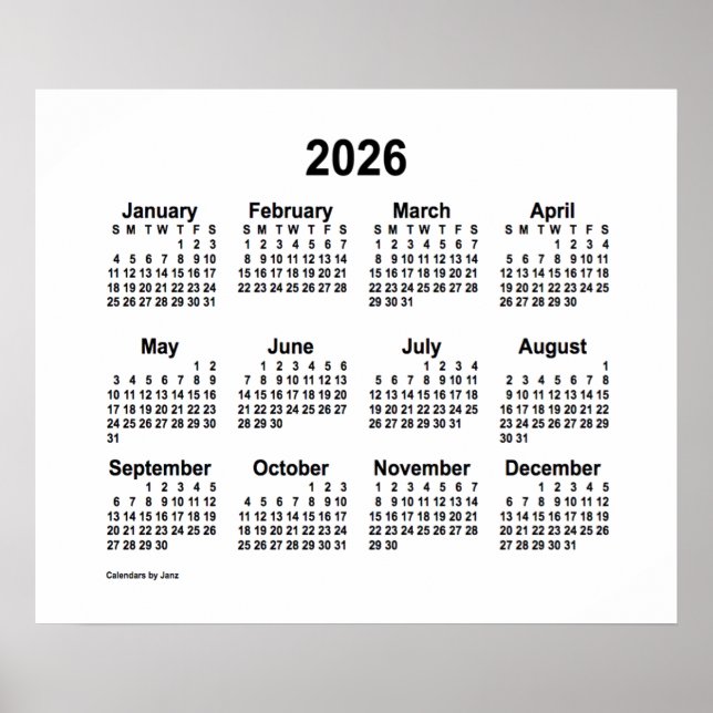 Calendário Branco de 2026 por Janz Impressão (Frente)
