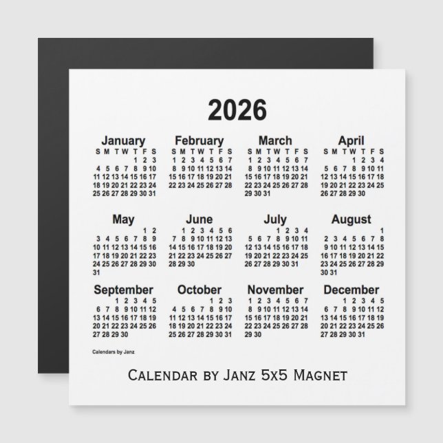 Calendário branco de 2026 por meio do ímã 5x5 de j (Frente/Verso)