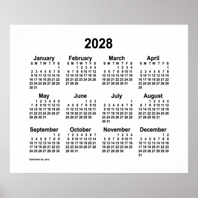 Calendário Branco de 2028 por Janz Impressão (Frente)