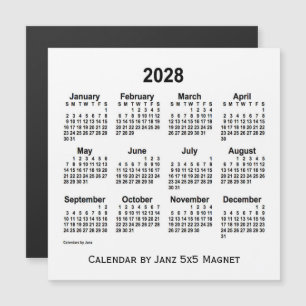 Calendário branco de 2028 por meio do ímã 5x5 d