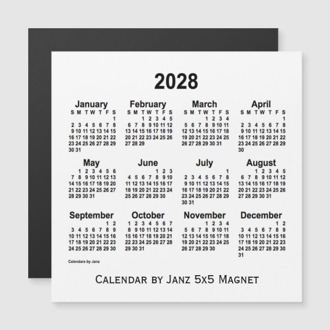 Calendário branco de 2028 por meio do ímã 5x5 de j (Frente/Verso)