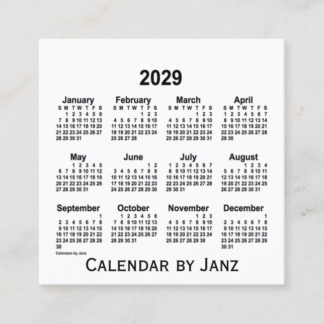 Calendário Branco de 2029 por Cartão de visita da  (Frente)