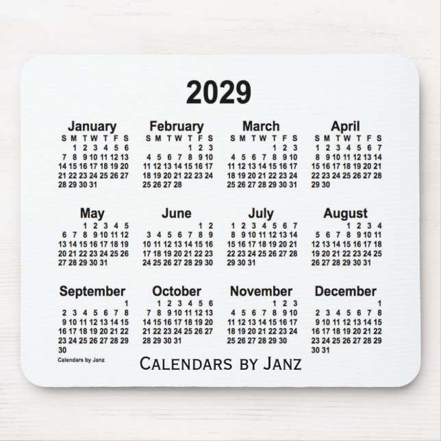 Calendário branco de 2029 por Janz Mouse Pad (Frente)