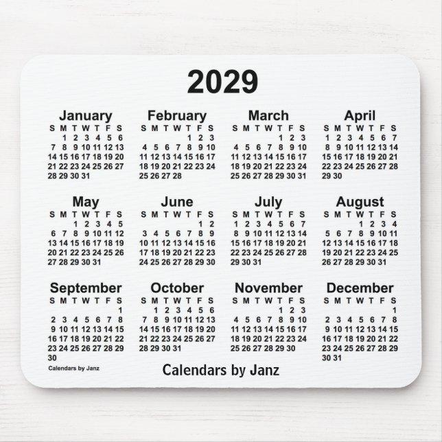 Calendário branco de 2029 por Janz Mouse Pad (Frente)