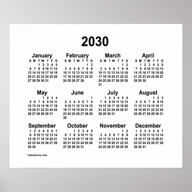 Calendário Branco de 2030 por Janz Impressão (Frente)