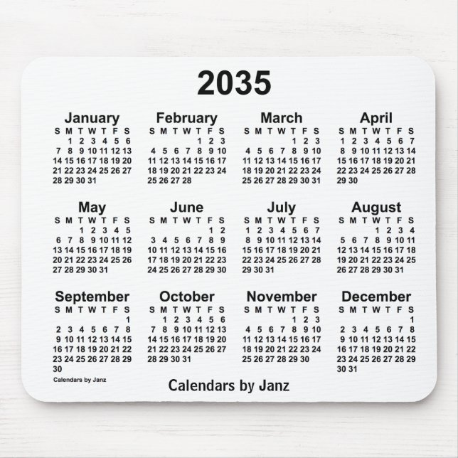 Calendário branco de 2035 por Janz Mouse Pad (Frente)