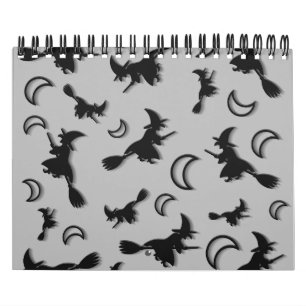 Calendário Bruxa voadora entre meia lua na noite de Halloween