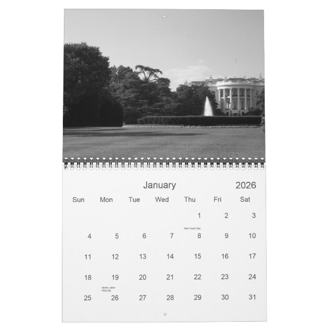 Calendário C.C. de Washington em preto & no branco (Jan 2026)