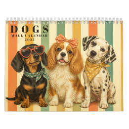 Calendário Cachorros Fofos em Listras Retrô, Arte Colorida de