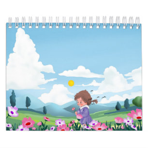 Calendário Caderno Floral de Menina de Desenho Animado Fofo