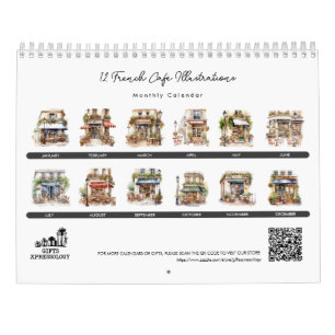 Calendário Café Francês Cute Watercolor Bistro Paris Mensal