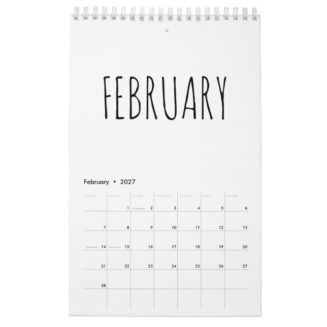Calendário Caligrafia Simples em Preto e Branco (Fev 2027)