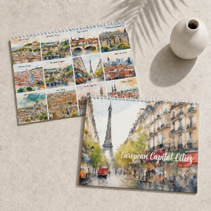 Calendário Capitais Europeias 2026 Arte de Viagem em Aquarela