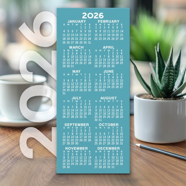 Calendário - Cartão Branco Azul Mínimo Moderno (2026 Calendar on Cardstock - Simple, Minimal Design)