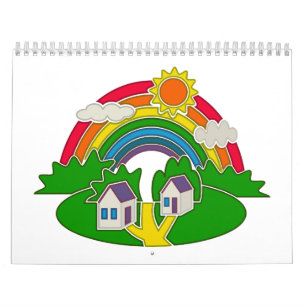 Calendário Cartoon rural com arco-íris e casa de campo