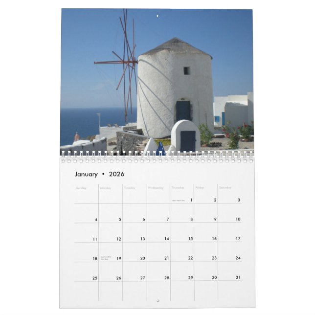 Calendário Casa azul do branco do mar de Santorini da piscina (Jan 2026)