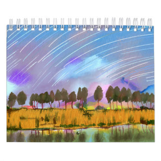 Calendário Cena rural com trilhas estelares aquarela