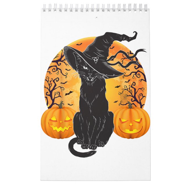 Calendário Chapéu de Bruxa de Halloween de Gato Negro Assusta (Capa)