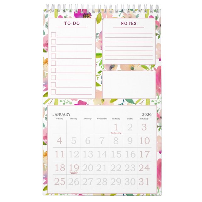 Calendário Chic Floral Pessoal Mensal Para Fazer (Jan 2026)
