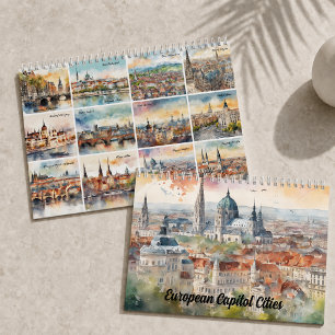 Calendário Cidades Capitais Europeias Aquarela Arte de Viagem