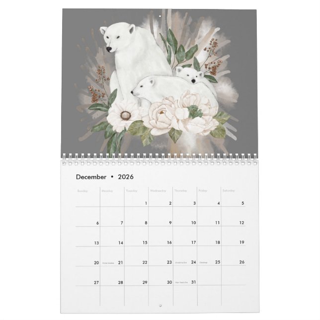 Calendário Cinza Selvagem Animais Floral Aquarela (Dez 2026)