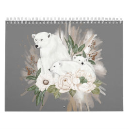 Calendário Cinza Selvagem Animais Floral Aquarela