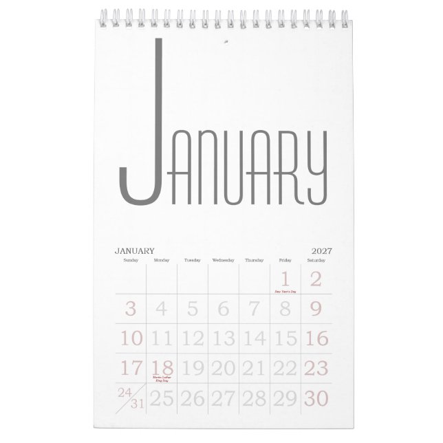 Calendário Cinzas e branco mínimos (Jan 2027)