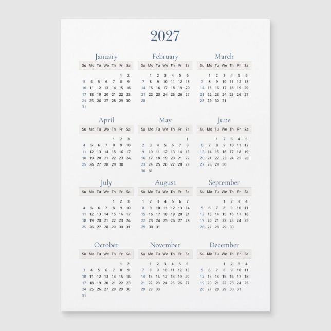 Calendário Clássico Marinho 2027 | Qualquer cor de (Frente)
