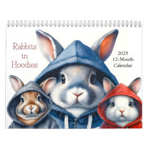 Calendário Coelhos em Hoodies Calendar 2025 12 Meses