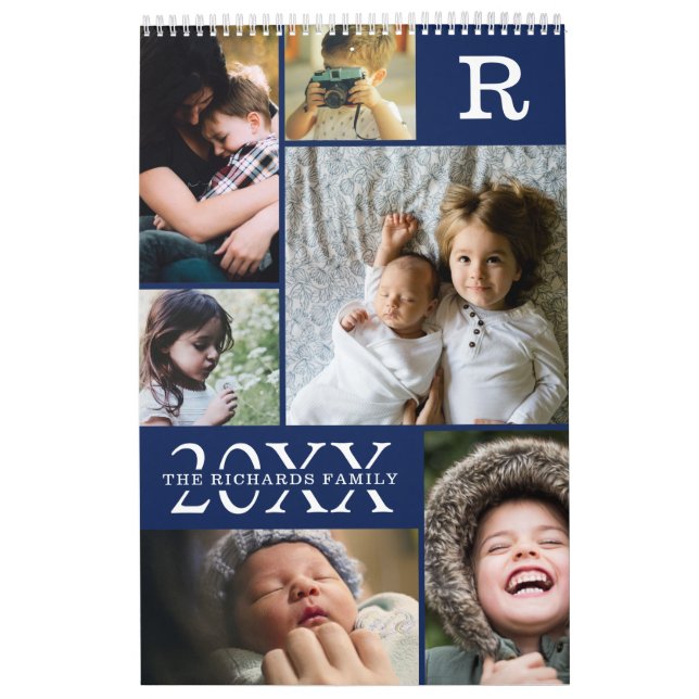 Calendário Colagem de Fotos da Família de Blocos de Cor Azul  (Capa)