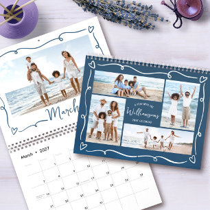 Calendário Colagem de Fotos de Corações Desenhados à Mão para
