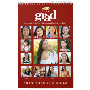 Calendário Colagem de Fotos Dourada Vermelha K-12, 15 Meses