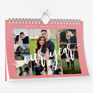 Calendário Colagem de fotos rosa simples minimalista moderna
