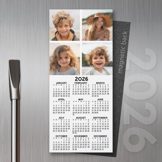Calendário com 4 Colagem de Fotos - Magnet Moderno (2026 Calendar Magnet for the Fridge or Home Office - Add a Photo for a Personal Touch)