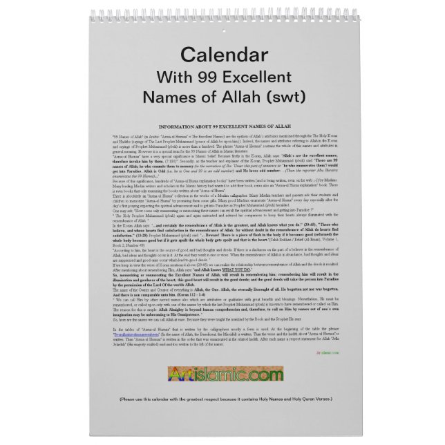 Calendário com 99 nomes de Allah (swt) - deus (Capa)