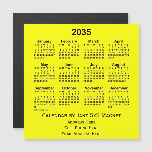 Calendário comercial amarelo 2035 por Janz (Frente/Verso)