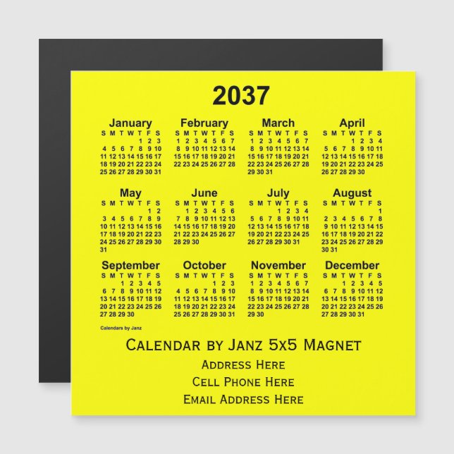 Calendário comercial amarelo 2037 por Janz (Frente/Verso)