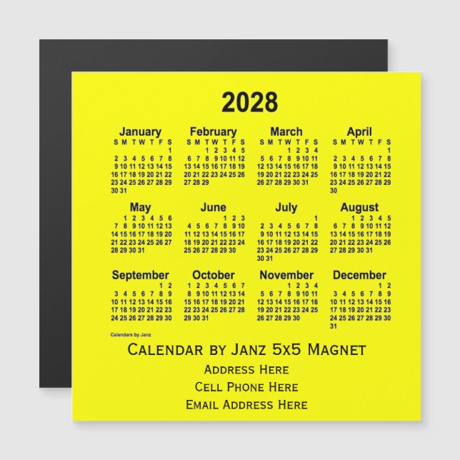Calendário comercial amarelo de 2028 por Janz (Frente/Verso)